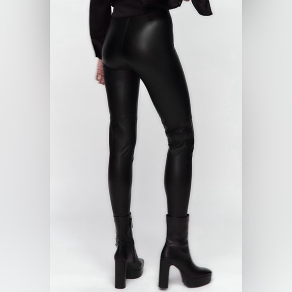 ZARA Trafaluc vegan leather leggings size XS, mid-raise, lace up front Gothic - Picture 3 of 10